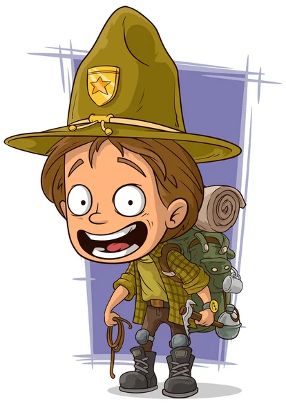 Dessin animé souriant jeune boyscout dans un grand chapeau — Image vectorielle