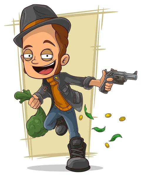 Dibujos animados ladrón fresco con pistola y dinero — Vector de stock