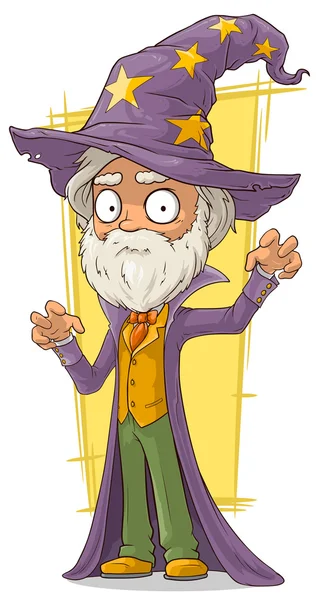 Cartoon old bearded wizard in big hat — Stock Vector