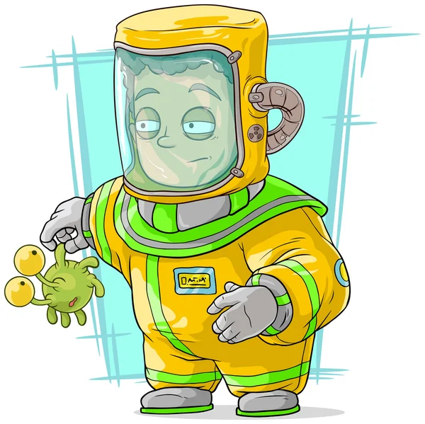 Cartoon man in beschermend pak met alien — Stockvector