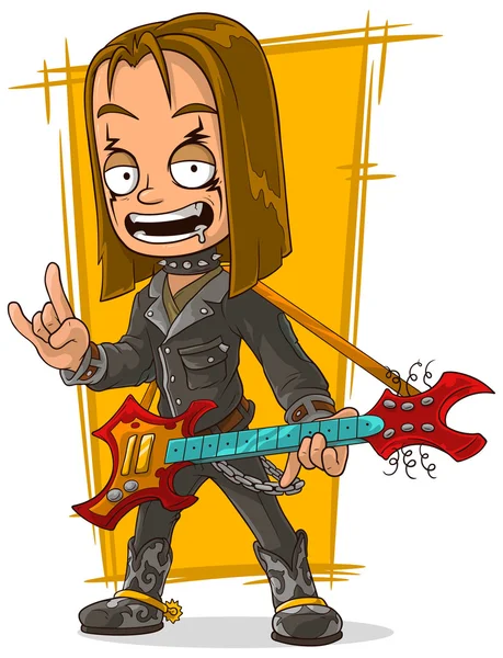 Cartoon lange haren rocker in zwart lederen jas — Stockvector