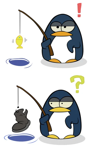 Rajzfilm kis pingvinek horgászbot — Stock Vector