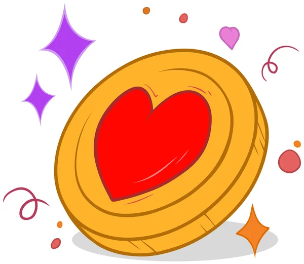 Cartoon golden coin with red heart — Stock Vector