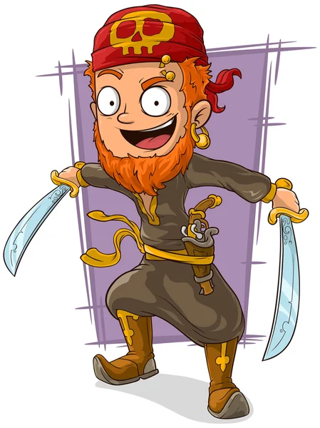 Pirate rousse de bande dessinée avec épées et pistolet — Image vectorielle