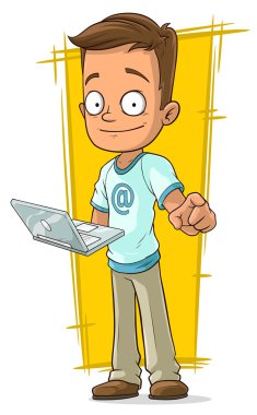 Cartoon young programmer with laptop clipart