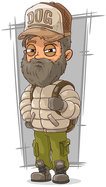 Dessin animé touriste barbu avec sac à dos — Image vectorielle