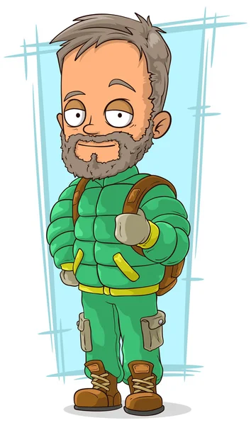 Dessin animé voyageur barbu en costume vert — Image vectorielle