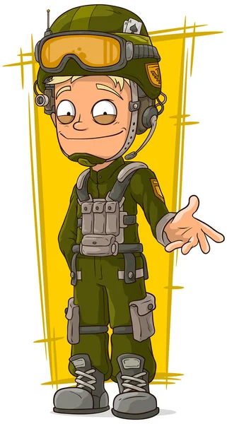 Soldado rubio de dibujos animados en uniforme verde — Vector de stock