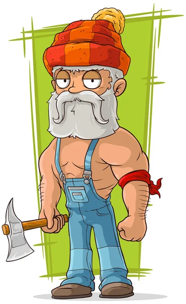 Cartoon old lumberjack in red cap — Stock Vector