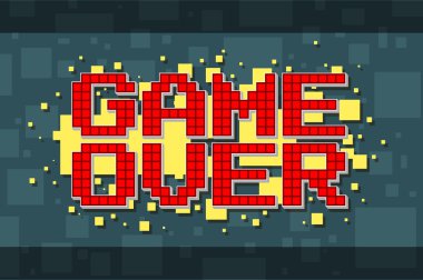Pixel red game over screen on yellow background clipart