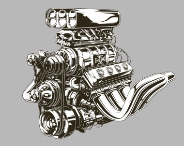 Detailed hot road engine with skull tattoo clipart