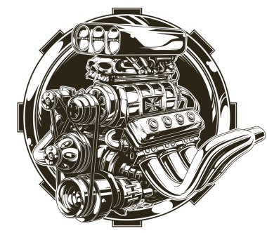 Cool detailed hot road engine with skull tattoo clipart