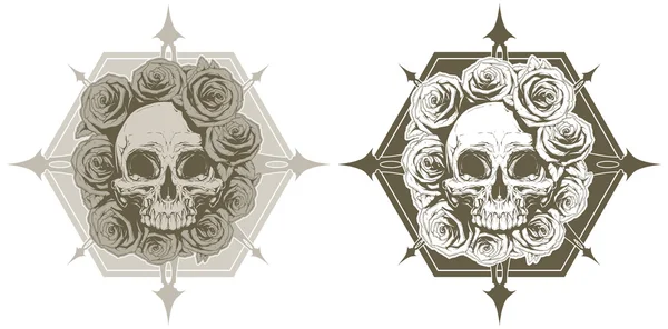 Cooler Totenkopf mit Rosen und Stacheln — Stockvektor