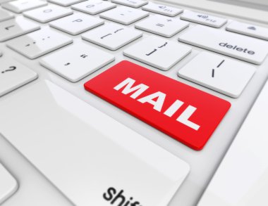 3d beyaz bilgisayar klavye kırmızı posta düğmesini