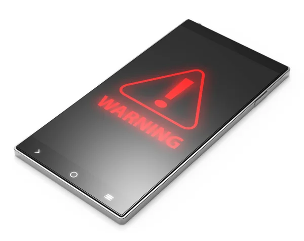 Black 3D smartphone with warning sign on white background — Stock Photo, Image