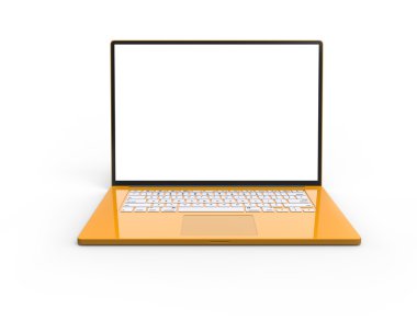 Beyaz arka plan üzerinde izole sarı 3d parlak dizüstü bilgisayar