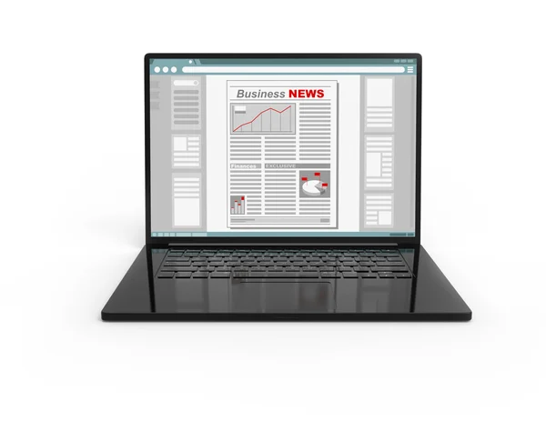 3D sort laptop isoleret med Business avis skærm - Stock-foto
