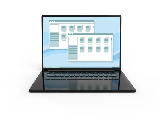 3D laptop czarny na białym tle z okien ramek interfejsu — Zdjęcie stockowe