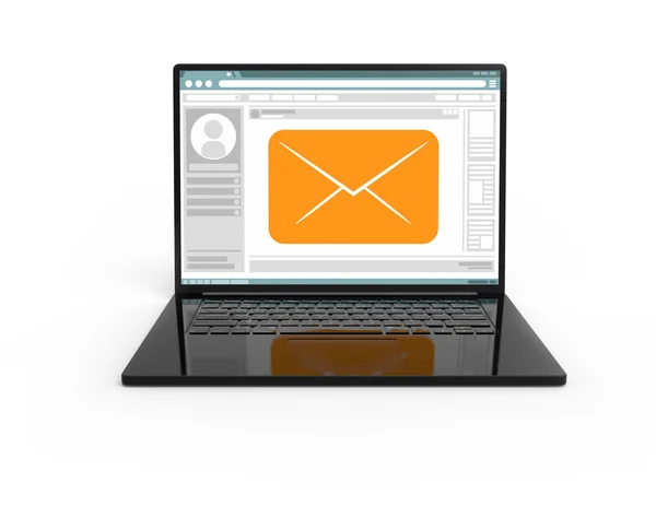 3D laptop czarny na białym tle z poczty list ikona — Zdjęcie stockowe