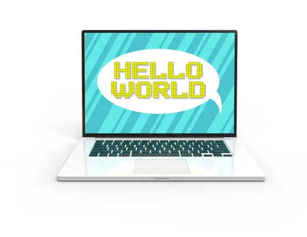 3D white laptop isolated with Pixel art hello world slogan — Stock Photo, Image