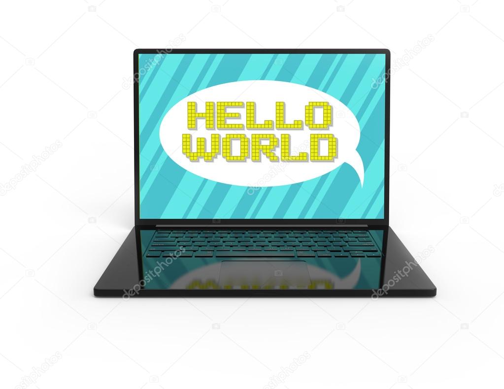 3D black laptop isolated with Pixel art hello world slogan