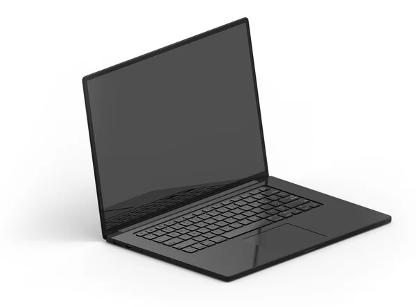 3D Μαύρο φορητό υπολογιστή απομονωθεί με μαύρη οθόνη στο λευκό φόντο ισομετρικό — Φωτογραφία Αρχείου