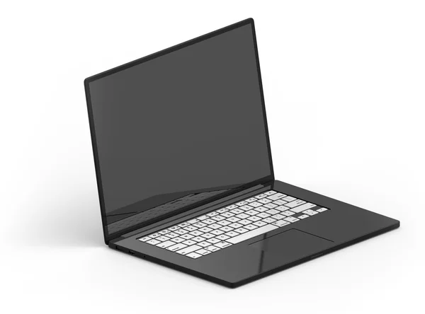 3d 黑色笔记本电脑，白色背景等轴测上隔离的白色按钮 — 图库照片
