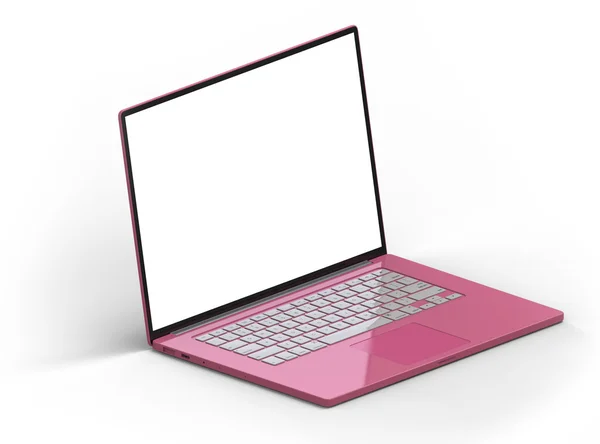 3D απόδοση ενός ροζ φορητού υπολογιστή απομονωθεί σε λευκό φόντο ισομετρικό — Φωτογραφία Αρχείου