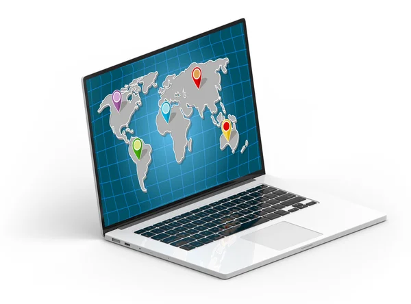 Laptop isométrico preto e branco 3D com mapa mundial global e marcadores — Fotografia de Stock