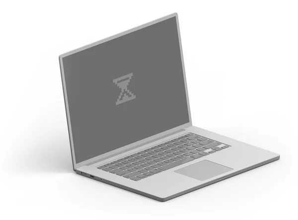 Laptop isometrik mengkilap abu-abu 3D dengan layar pemuatan kaca pasir — Stok Foto