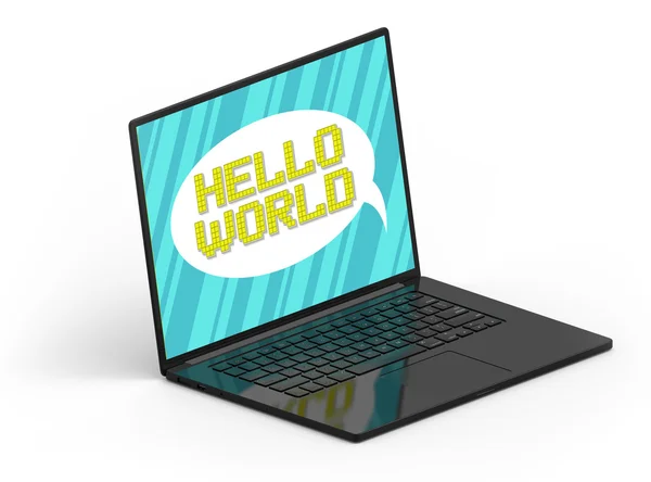 3D renderização de um laptop isométrico preto com Pixel arte Olá slogan do mundo — Fotografia de Stock