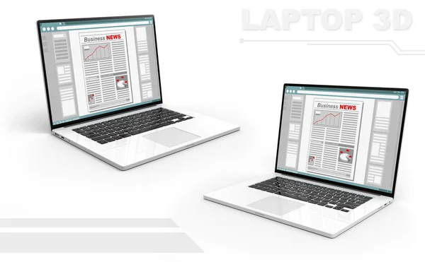 3D portatile prospettiva in bianco e nero con schermo del giornale Business — Foto Stock
