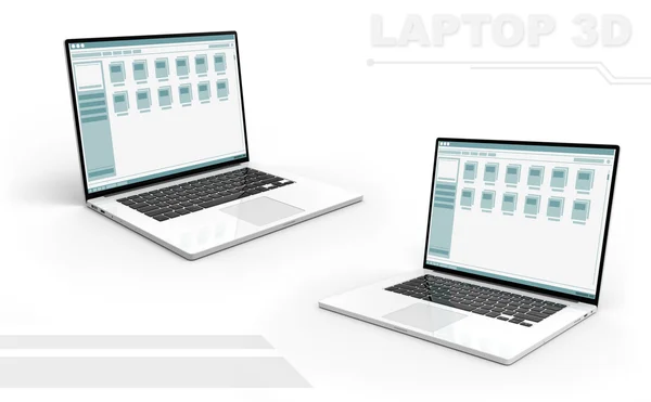 3D zwart-wit perspectief laptop set met mappen ontwerp scherm — Stockfoto