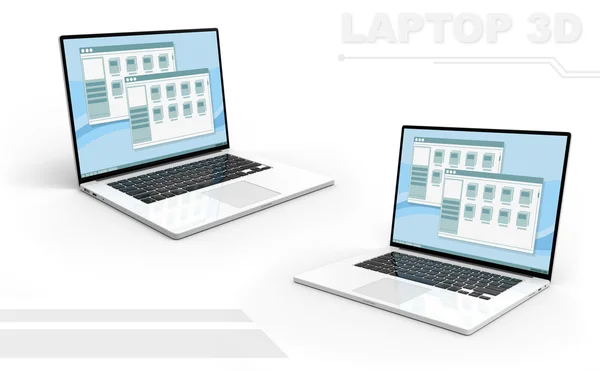 3D Schwarz-Weiß-Perspektive Laptop-Set mit Interface-Frame-Fenstern — Stockfoto