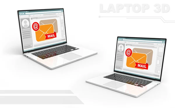 Computer portatile prospettiva 3D in bianco e nero con design di icone della posta — Foto Stock
