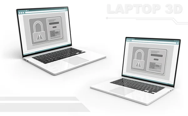 3D en blanco y negro perspectiva portátil conjunto con el icono de bloqueo y el código QR —  Fotos de Stock