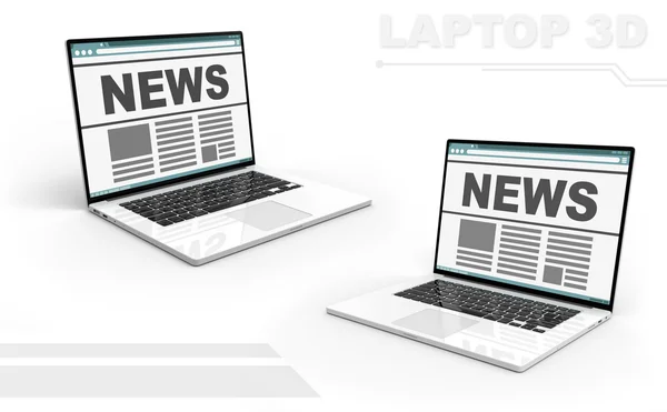 3D black and white perspective laptop set with news text — Stock Photo, Image