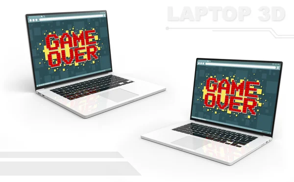 3D preto e branco perspectiva laptop definido com Pixel jogo sobre tela — Fotografia de Stock