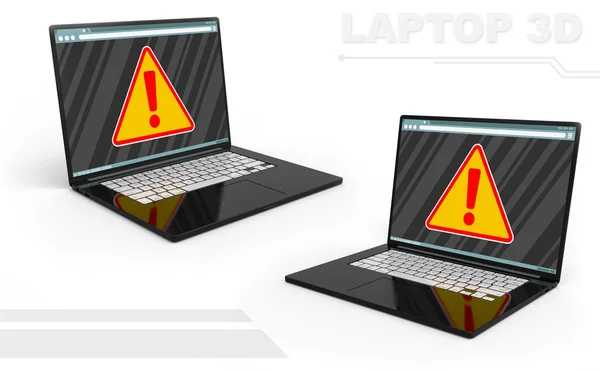 3D schwarzer perspektivischer Laptop mit weißen Tasten und Aufmerksamkeitsschild-Bildschirm — Stockfoto