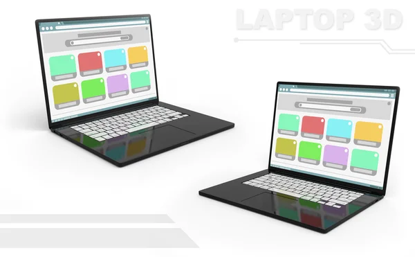 Conjunto de laptop perspectiva 3D preto com botões brancos e molduras de janela de cor dentro — Fotografia de Stock