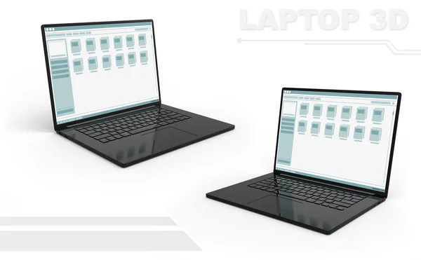 3D-Rendering von schwarzen perspektivischen Laptop-Set mit Interface-Frame-Fenstern — Stockfoto