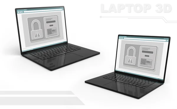 3D render of black perspective laptop set con icono de bloqueo y código QR —  Fotos de Stock