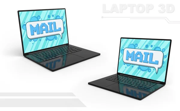 Renderização 3D do conjunto de laptop perspectiva preta com ícone de e-mail Pixel — Fotografia de Stock