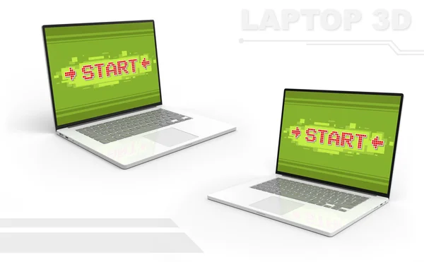 Conjunto de laptop perspectiva branca 3D com botão de início vermelho Pixel — Fotografia de Stock