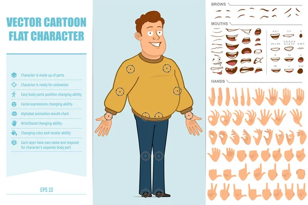 Dibujos animados plana divertida grasa sonriente chico carácter conjunto — Vector de stock