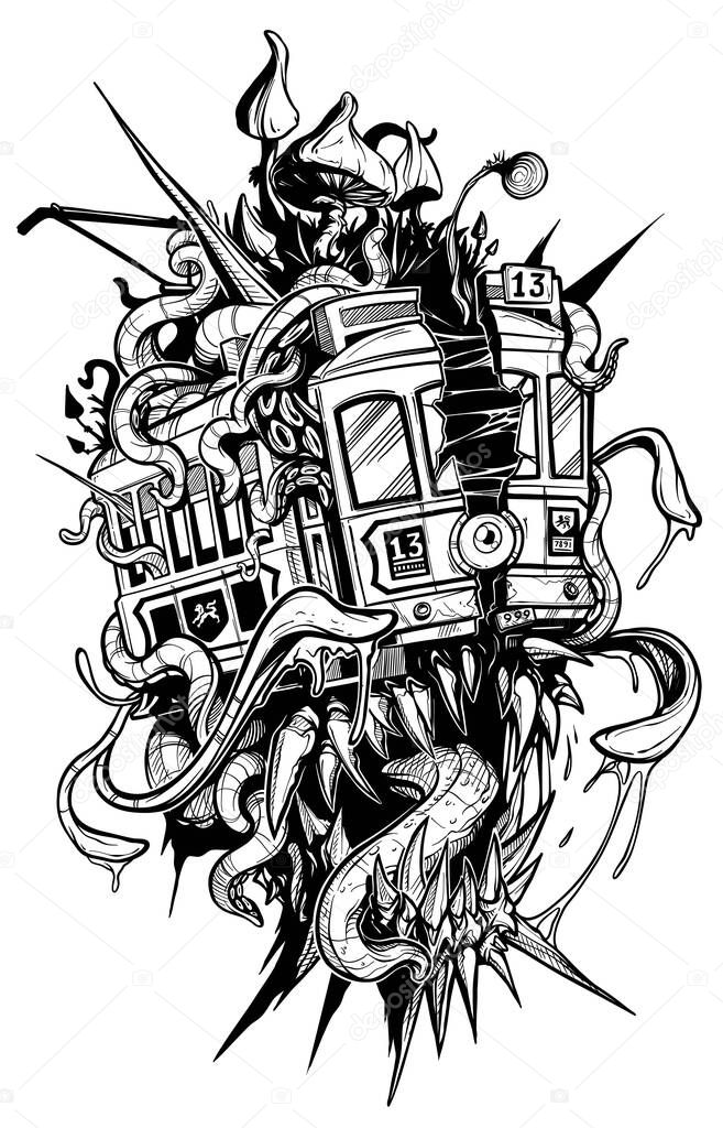 Cartoon psychedelic retro monster red tramway