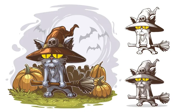 Kreskówka śmieszne halloween kot z miotłą czarownicy — Wektor stockowy