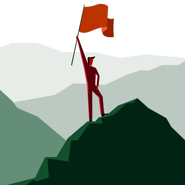 Mann mit Flagge auf einem Berggipfel — Stockvektor