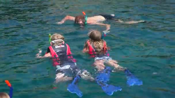 Schnorcheln: Eine Familiengruppe (ein Mann und zwei Kinder) auf der Wasseroberfläche. — Stockvideo