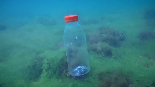 Plastic vervuiling van de zee: PVC-fles zinkt langzaam naar de bodem. — Stockvideo